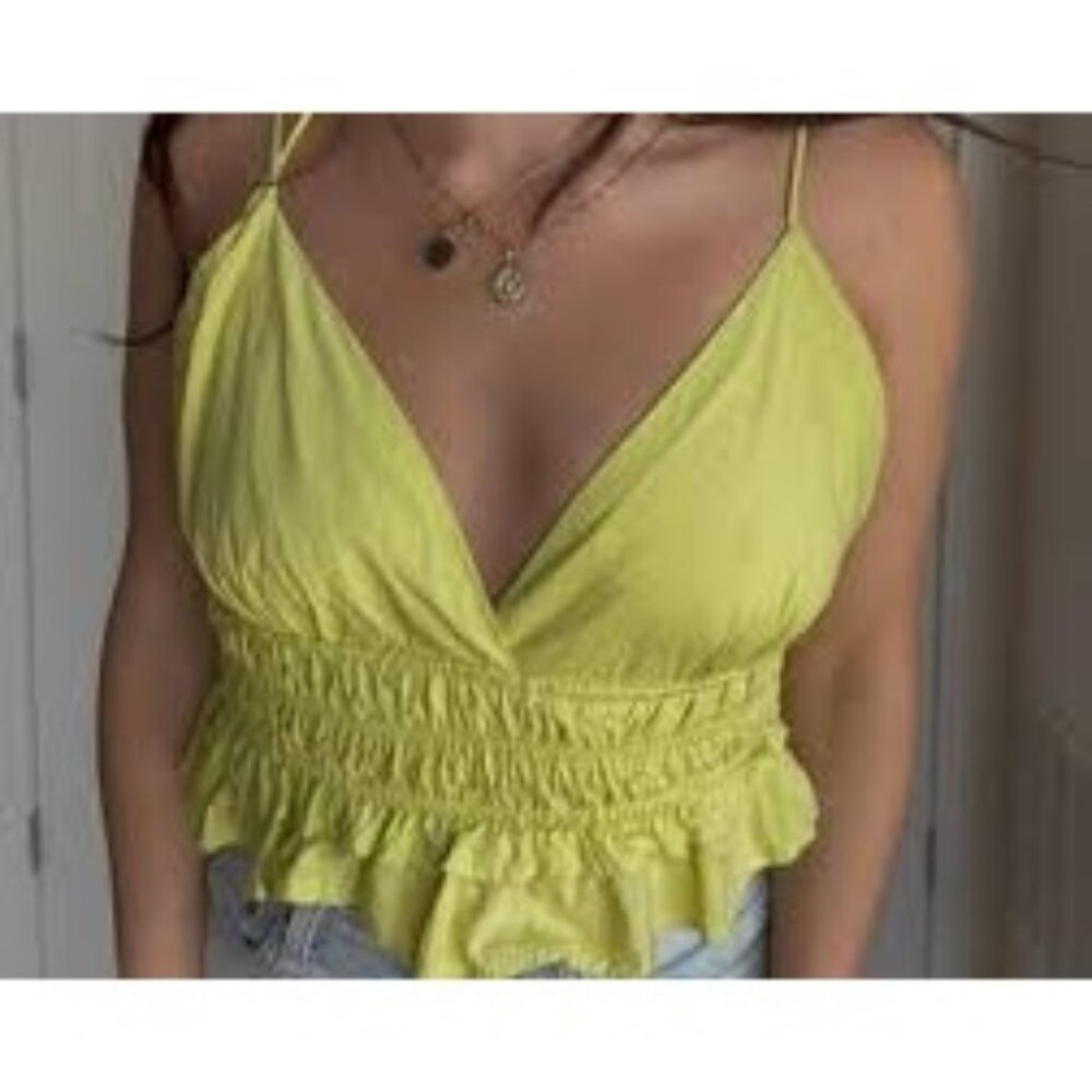 Sim & Sam Women's Smocked Ruffle Crop Top Lime Green, Sz Large, NWT